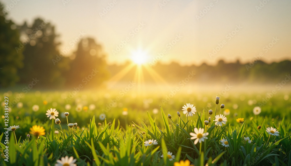 Obraz premium Meadow with daisies and sunlight at spring equinox with soft morning mist