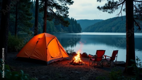 a tourist tent. nearby there are folding tourist chairs and a bonfire, with mountains and a lake in the background. camping, hiking, outdoor recreation concept