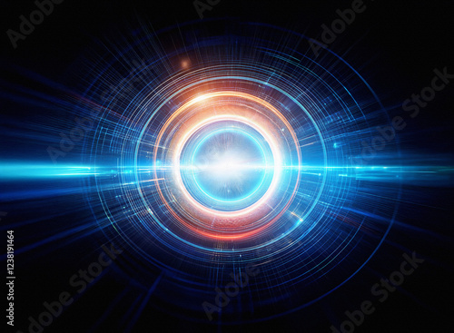 Abstract digital art depicting a glowing circular interface with concentric rings and bright light bursts. The vibrant colors suggest technological advancement and futuristic energy.