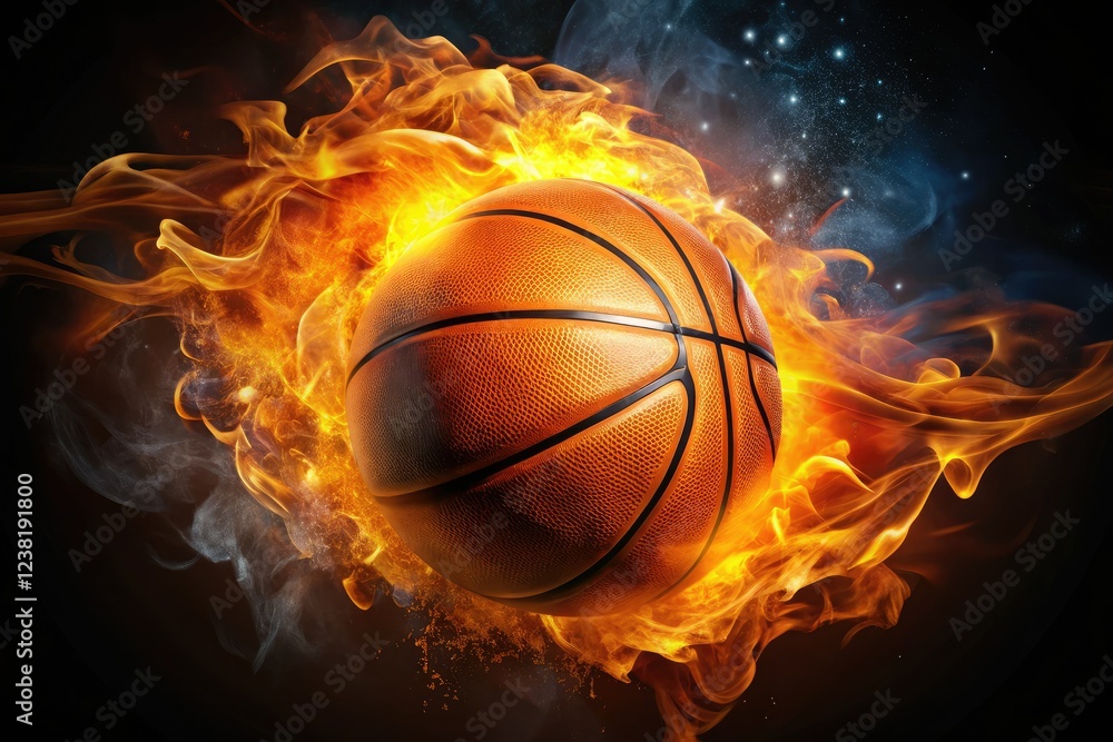 A fiery basketball, engulfed in flames, isolates against a dark background; powerful sports photography. A fiery basketball, engulfed in flames, isolates against a dark background; powerful sports photography.