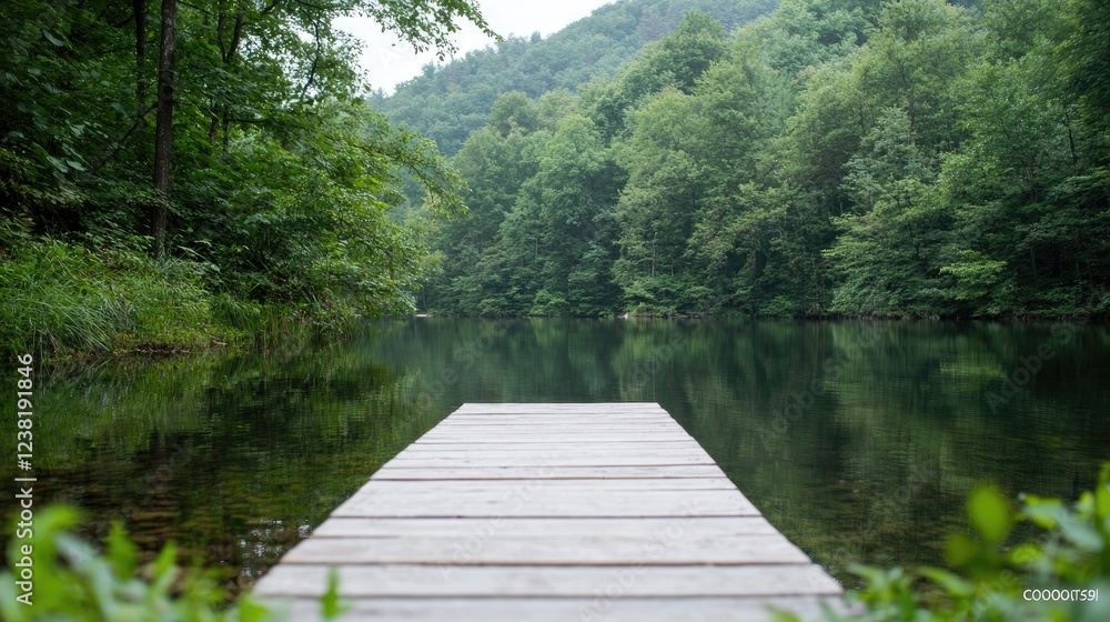 Serene lake dock, mountain view, summer tranquility, nature escape Serene lake dock, mountain view, summer tranquility, nature escape