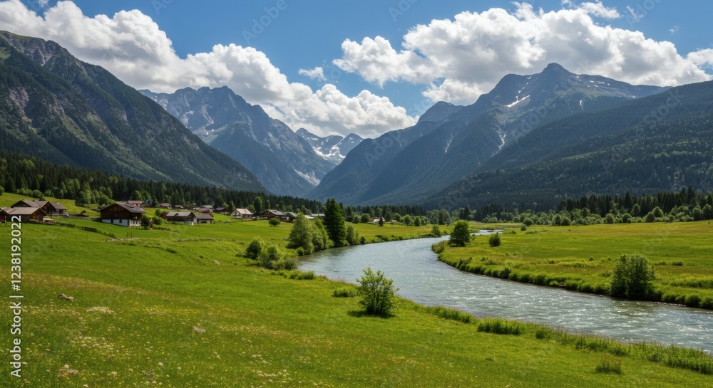 Serene River Valley Landscape with Majestic Mountains Serene River Valley Landscape with Majestic Mountains