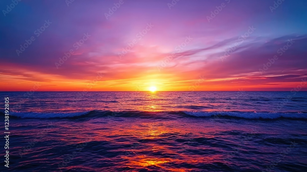 Obraz premium Sunset over ocean waves nature idea. Stunning sunset over the ocean with vibrant colors reflecting on the water.