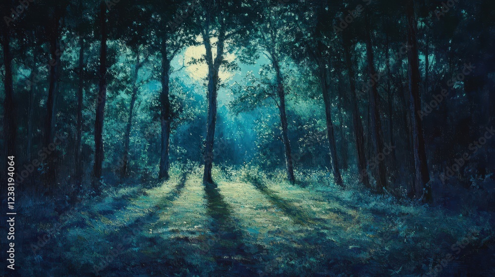 Fototapeta premium night walk in the woods, with moonlight filtering through the trees, casting soft shadows on the forest floor, creating a calm and relaxing experience.