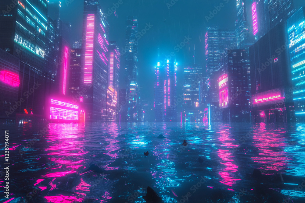 Naklejka premium Futuristic cityscape at night with neon lights and flooded streets under a moody, rainy sky