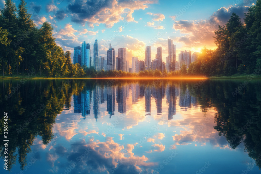 Fototapeta premium City skyline reflects in calm lake surrounded by trees during sunset with vibrant clouds and soft glow