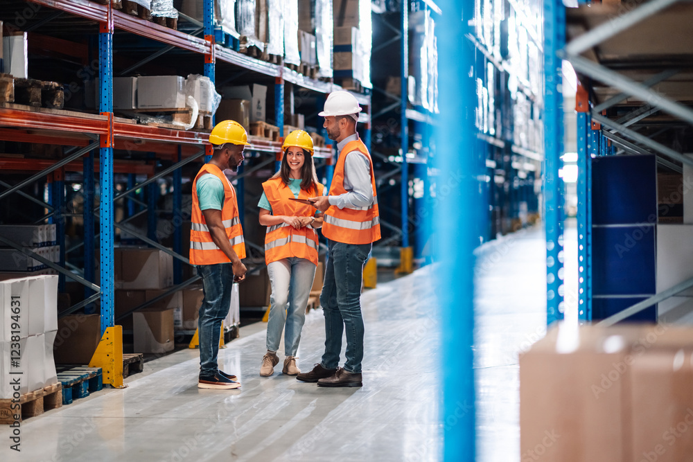 Fototapeta premium Warehouse workers and manager discussing logistics using digital tablet