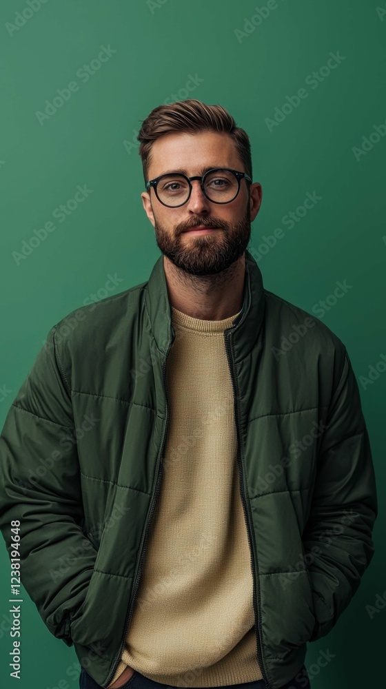Stylish Young Man in Casual Attire Against a Green Background Stylish Young Man in Casual Attire Against a Green Background