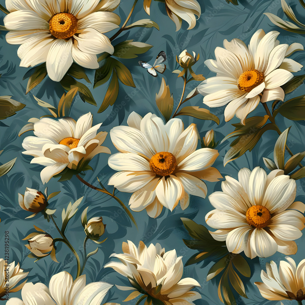Fototapeta premium A vibrant floral pattern featuring large daisies and delicate butterflies on a blue background.