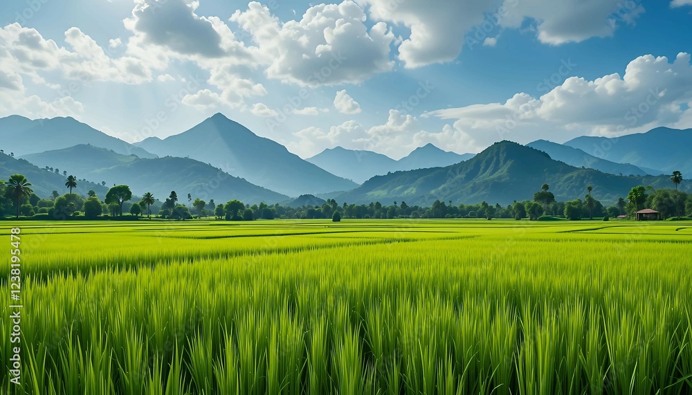 Lush Green Rice Field with Hills in Background Lush Green Rice Field with Hills in Background