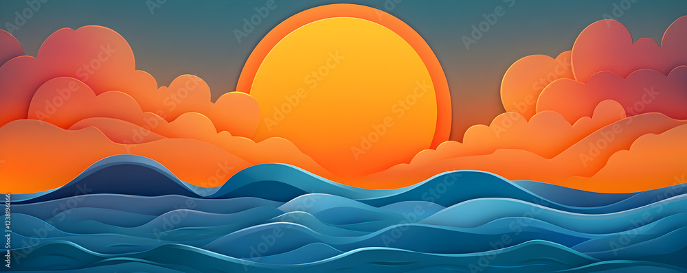Fototapeta premium Sunset over the ocean vector simple 3d smooth cut isolated illustration theme