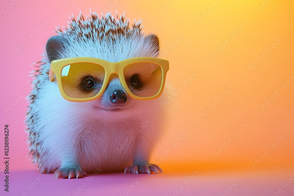 A charming hedgehog in sunglasses, set against a pastel backdrop for an editorial.blank templated, rule of thirds, space for text, isolated white background neon light, extreme right, rule of third A charming hedgehog in sunglasses, set against a pastel backdrop for an editorial.blank templated, rule of thirds, space for text, isolated white background neon light, extreme right, rule of third