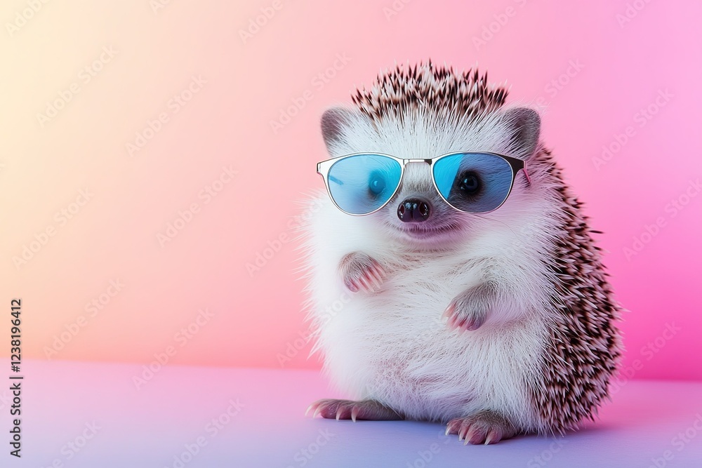 A charming hedgehog in sunglasses, set against a pastel backdrop for an editorial.blank templated, rule of thirds, space for text, isolated white background neon light, extreme right, rule of third A charming hedgehog in sunglasses, set against a pastel backdrop for an editorial.blank templated, rule of thirds, space for text, isolated white background neon light, extreme right, rule of third
