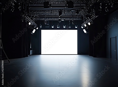 An empty stage with a blank white screen for showcasing products or featuring graphic art, set against dark lighting and surrounded by spotlights. The scene is captured in high resolution,  photo