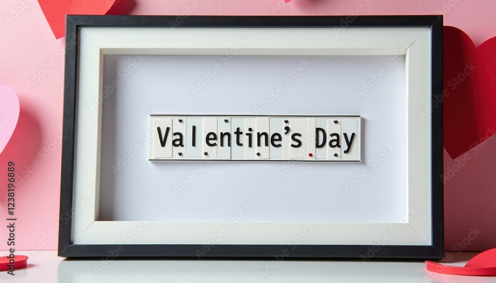 Obraz premium Valentine's Day Mockup Background with Pink Heart Decor and Black & White Frame