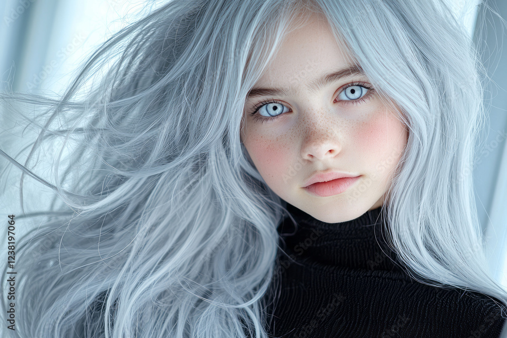 Fototapeta premium A cinematic portrait of a young woman with long, flowing gray hair and enchanting white eyes, her direct, confident gaze set against a minimalistic and modern backdrop,