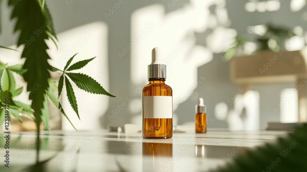 Fototapeta premium Amber Glass Dropper Bottle with Cannabis Leaves in Natural Light