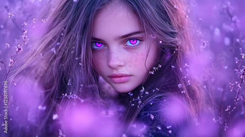 A natural outdoor scene featuring a beautiful young woman with long hair and vivid purple eyes, her direct look at the camera complemented by a softly blurred environment,