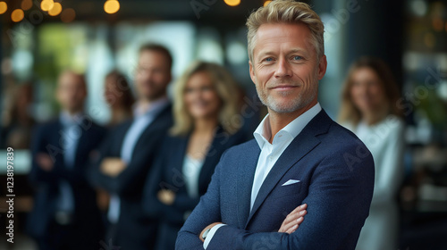 mature businessman with blonde hair taking the role of the leader and crossing arms photo