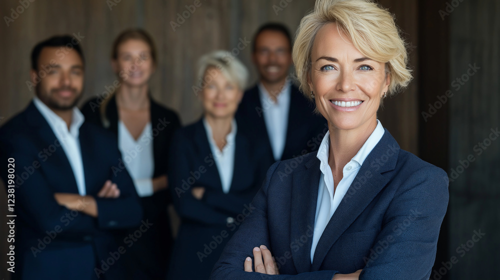 confident businesswoman in navy blue suit posing as the manager of the team confident businesswoman in navy blue suit posing as the manager of the team