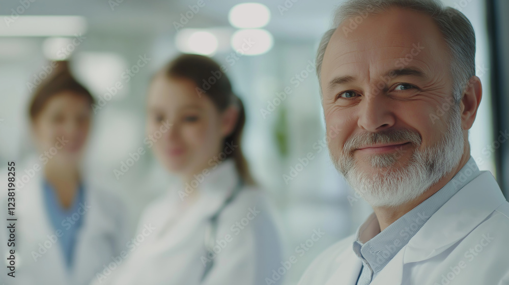 portrait of a senior doctor smiling and posing with nurses behind him portrait of a senior doctor smiling and posing with nurses behind him