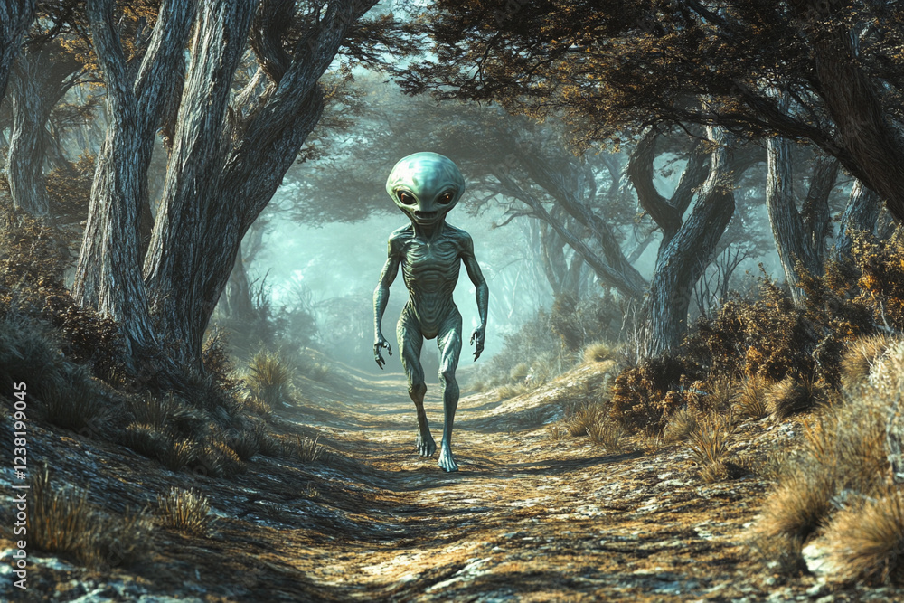Obraz premium Mysterious alien figure walking amidst twisted trees on a sunny day in a surreal landscape
