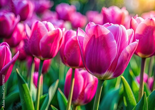 Close-up of a vibrant pink tulip, spring bloom in full glory, creating a stunning floral background.