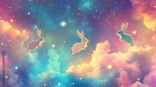 adorable 3 rabbits flying in the sky, closer to the universe