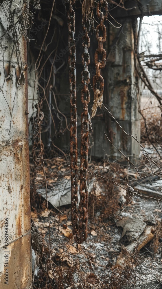 Obraz premium Rusty Chains Hanging in Abandoned Industrial Space with Overgrowth