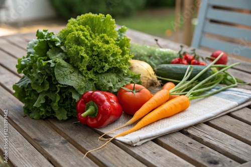 Fresh organic vegetables, carrots, bell peppers, tomatoes, onions, cucumbers, lettuce, on the table in the farm