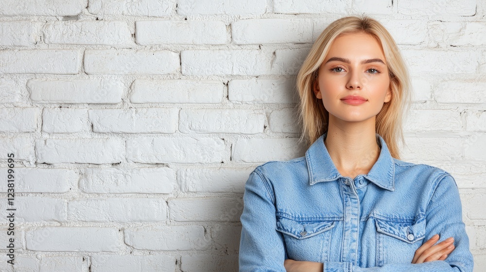 Confident woman, arms crossed, white brick wall. Portrait for business, website, or marketing