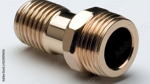 A metallic connector with threaded ends, used in plumbing or mechanical applications.