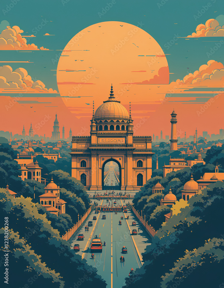 Fototapeta premium India: Poster Illustration Travel Print Decor Gift Paper Canvas Wall Retro Art