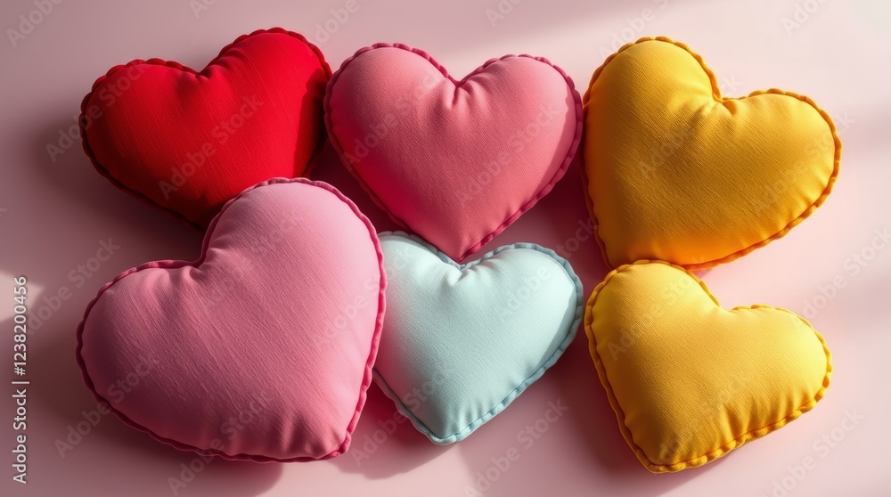 Fototapeta premium a cluster of six heart shaped cushions in various colors, with a soft and romantic aesthetic.
