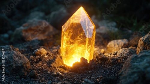 A glowing crystal rising from the earth, symbolizing womena??s growth, strength, and potential. photo