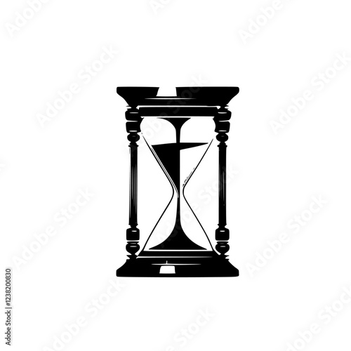 Time Passing: Elegant Black Hourglass on White Background.  A timeless symbol of life's fleeting moments, captured in a classic and elegant design.
