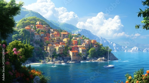 island in the Mediterranean, with charming villages nestled on hillsides, overlooking sparkling blue waters.