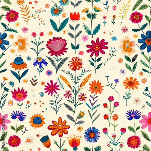 A vibrant floral pattern featuring various colorful flowers and leaves on a light background.