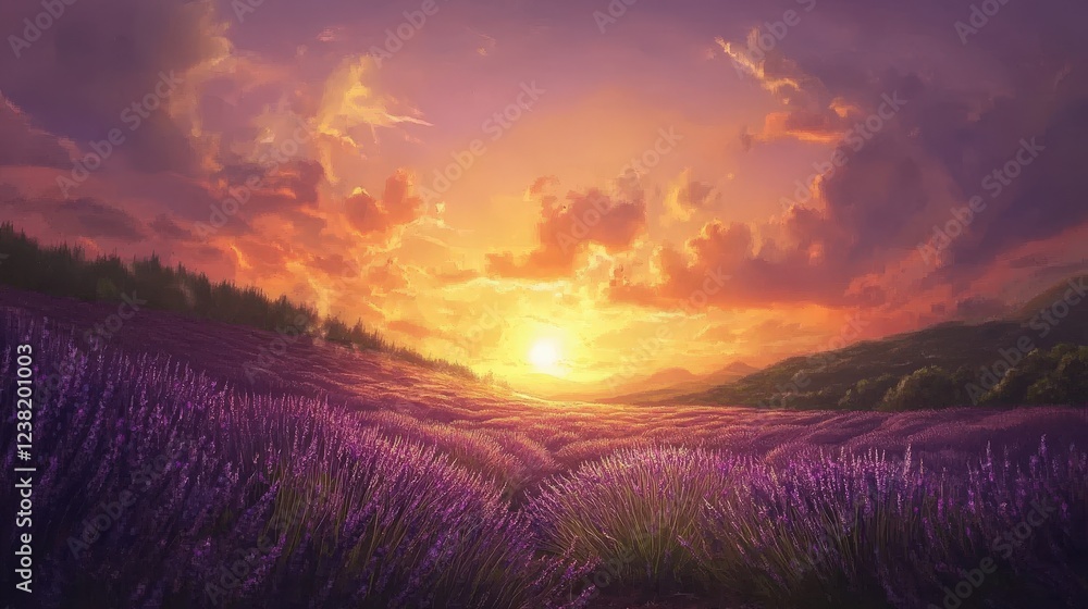 Fototapeta premium lavender field stretching into the distance under a golden sunset, radiating calmness and romance