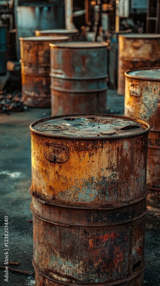 Rusty Industrial Drums Stacked in an Urban Environment at Sunset Rusty Industrial Drums Stacked in an Urban Environment at Sunset