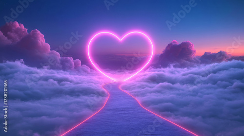 A high-resolution render of a retro neon sky with a long, illuminated road cutting through vibrant sunset clouds, creating a dynamic digital background,