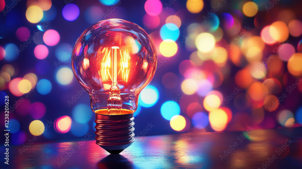 A glowing light bulb illuminates a colorful bokeh background, symbolizing ideas and creativity.