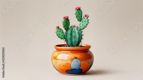 Wallpaper Mural Cactus with pink flowers in a patterned orange ceramic pot on a neutral background Torontodigital.ca