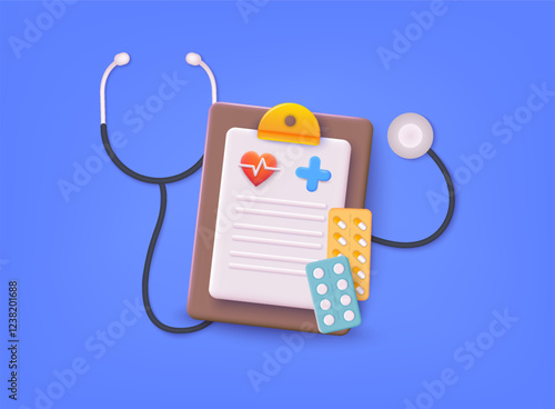 Medicine with check list for health pharmaceutical. Cartoon minimal of first aid and health care. Medical symbol of emergency help. 3D Web Vector Illustrations.