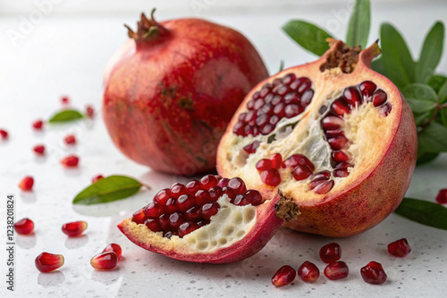 Fresh pomegranate, cut in half, has beautiful red pomegranate flesh