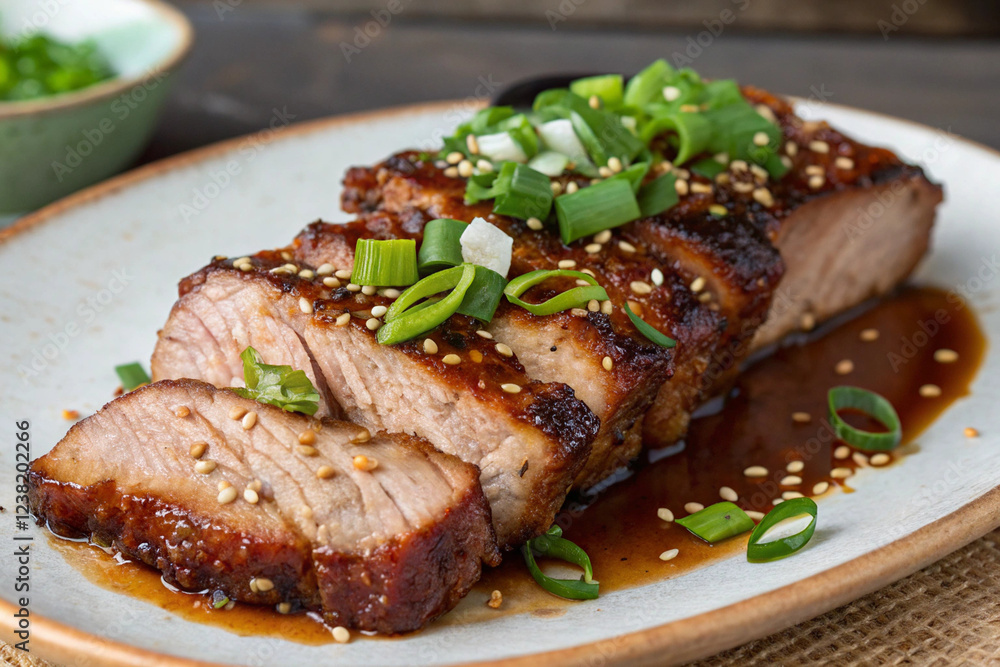 Grilled pork with soy sauce, sliced Sprinkled with chopped green onions in a white plate Grilled pork with soy sauce, sliced Sprinkled with chopped green onions in a white plate