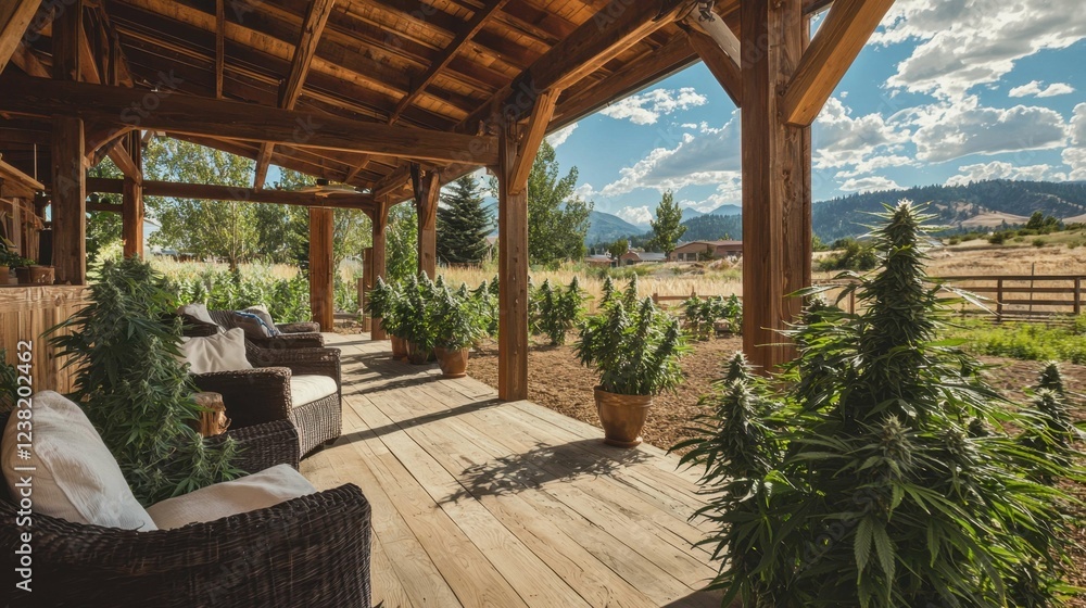 Fototapeta premium Cozy Porch with Green Plants and Scenic Mountain View