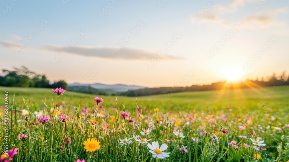 Tropical island nature concept. A vibrant field of flowers under a bright sky at sunrise, showcasing nature's beauty. Tropical island nature concept. A vibrant field of flowers under a bright sky at sunrise, showcasing nature's beauty.