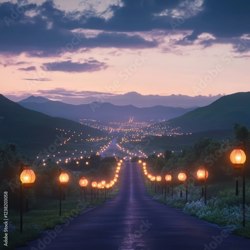 twilight rod surrounded by glowing lnterns nd distnt hills photo