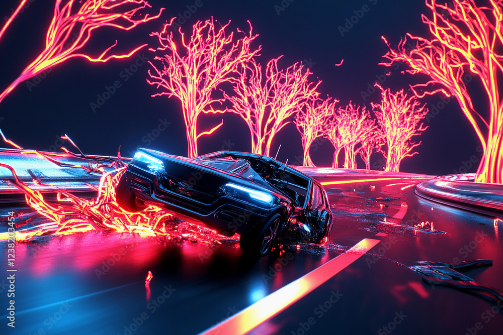 Naklejka premium Nighttime drive on a futuristic highway with neon trees and a damaged vehicle